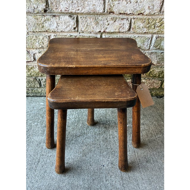 Rustic European Pair of Small Vintage Wooden Nesting Side Tables, France For Sale - Image 3 of 12