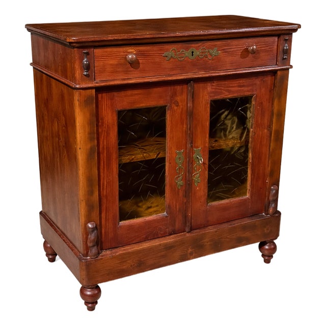 Vintage Pine Cabinet with Drawer and Glass Doors, 1920s For Sale