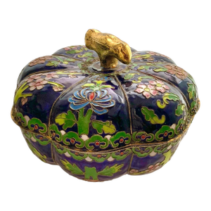 Late 20th Century Trinket Box, Asian Style Enamel Cloisonné Lidded Dish Pumpkin Shape