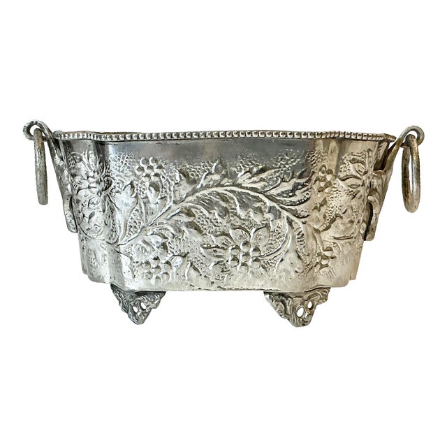 Late 19th C Antique Hollywood Regency Boho Chic Hand Wrought Hammered Silverplate Planter. For Sale