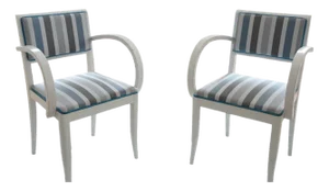 Art Deco Revival Accent Chairs in White Wood and Striped Fabric, 1949, Set of 2