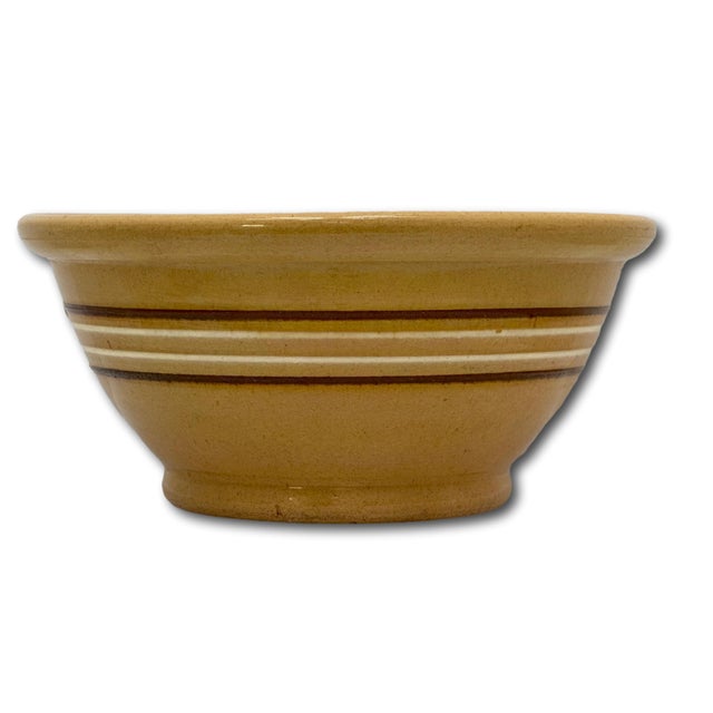 Nice Antique Thick & Heavy 9.25 Inch Brown & White Banded Yellow Ware Kitchen Batter Mixing Bowl Late 1800s For Sale - Image 14 of 14