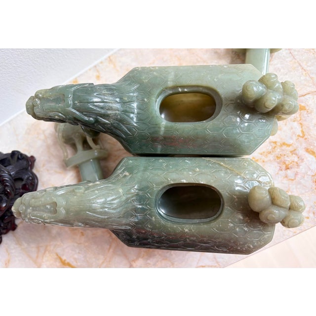2 Antique Chinese Dragon Celadon Jade Vessels Custom Stands Qing Republic Era For Sale In Los Angeles - Image 6 of 12