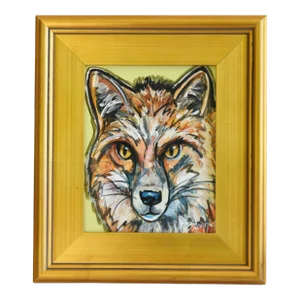 Expressionist Red Fox Portrait Painting W/ Antiqued Gold Wood Frame