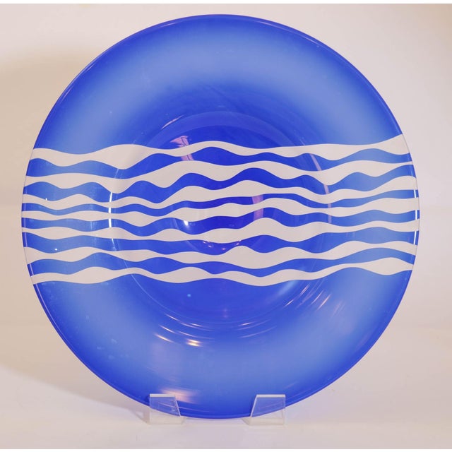 Leonard Marty Cobalt Blue With Etched Waves Large Art Glass Bowl Signed Dated For Sale - Image 12 of 12