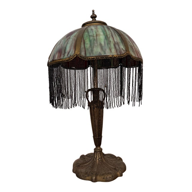 Antique Art Nouveau Slag Glass Table Lamp With Beaded Fringe For Sale
