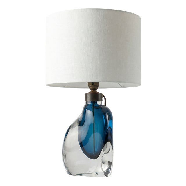Vintage Swedish Modern Blue Cased Glass Table Lamp from Orrefors, 1950s For Sale