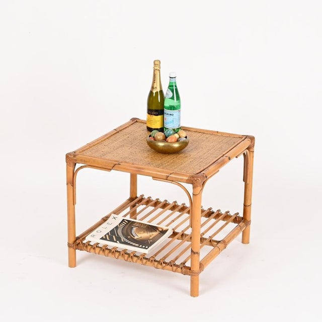 Wonderful Mid-Century square coffee table entirely crafted in bamboo, woven rattan, and hand-woven wicker. This delightful...