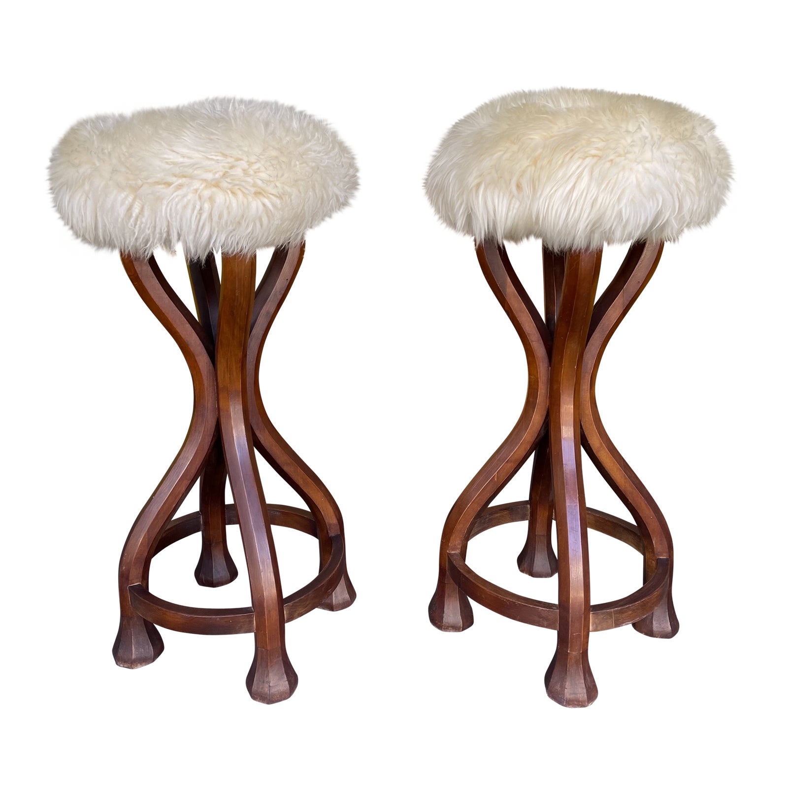Pair of Wood and Sheepskin Bar Stools. Italy, 1970s Chairish