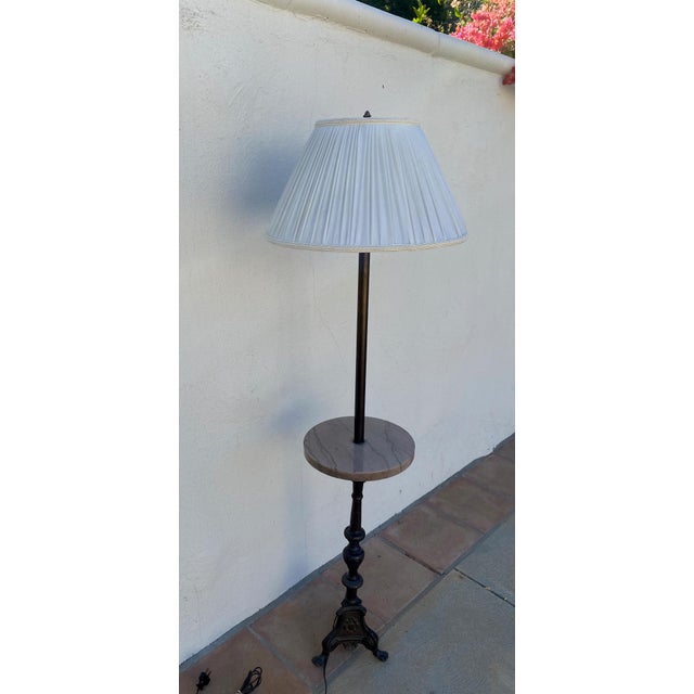 Traditional Vintage Regency Style 2 Light Embellished Bronze Floor Lamp With Attached Marble Table and Shade For Sale - Image 3 of 15