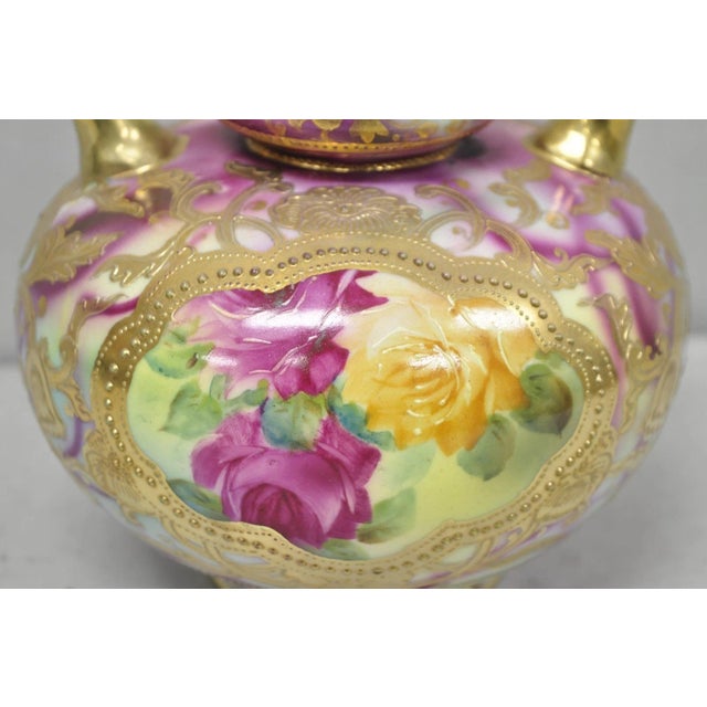 Antique Austrian Hand Painted Moriage Porcelain Double Swung Handle Bulbous Vase For Sale - Image 4 of 16