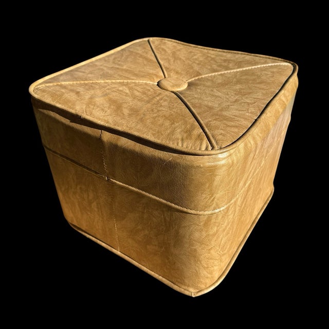 Mid-Century Modern Vintage MCM Cube Square Vinyl Beige Foot Rest Ottoman For Sale - Image 3 of 9