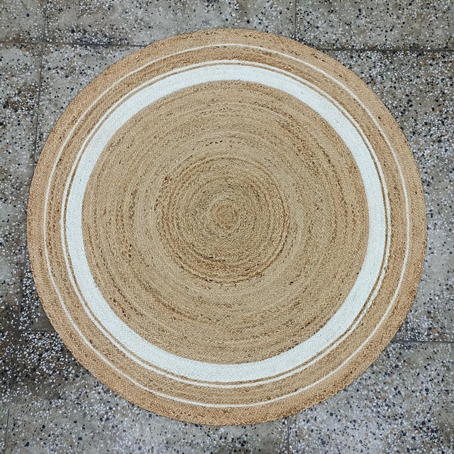 Handwoven Natural Jute Round Bath Rug With Ivory Border For Sale - Image 6 of 9