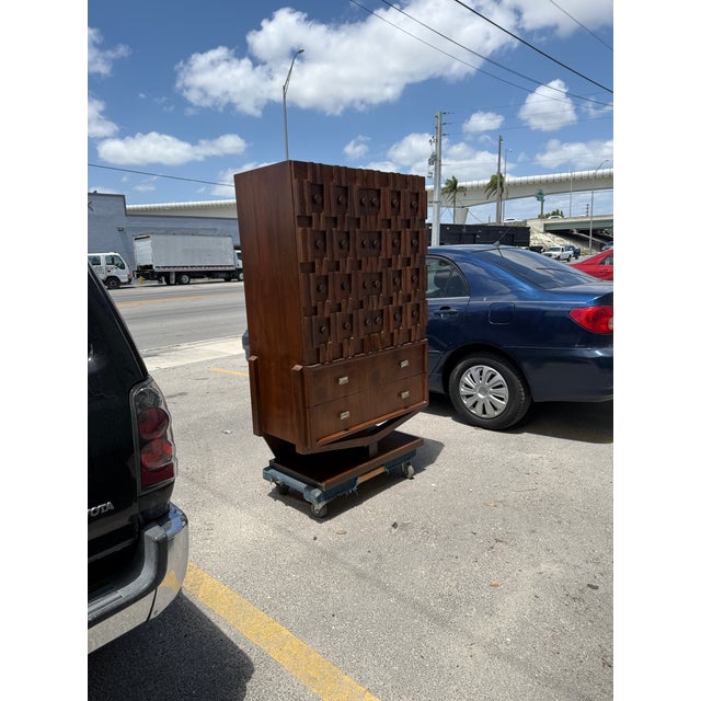 Brown 1970s Mid Century Modern Canadian Architectural Bachelor Chest Manner of Paul Evans For Sale - Image 8 of 15