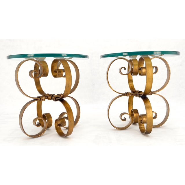 Pair Italian Think 3/4" Glass Top Gold Gilt Scrolls Shape Bases End Tables Stand For Sale - Image 6 of 12
