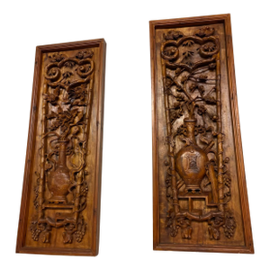 Pair of Large Antique Chinese Hand-Carved Wall Panels