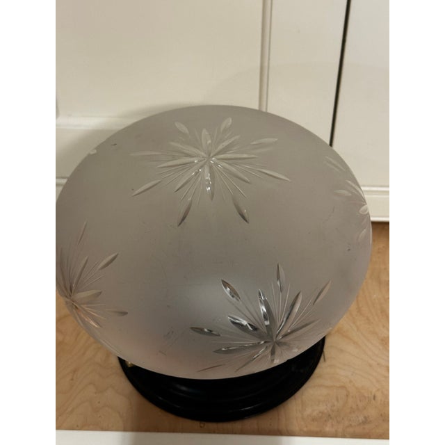 1930s Vintage Frosted Star Cut Shade With Vintage Dark Metal Flush Mount Fixture For Sale - Image 5 of 6