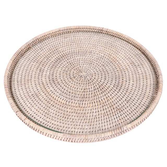 Wood Artifacts Rattan 16" Round Serving Tray, White Wash with Glass Insert For Sale - Image 7 of 12