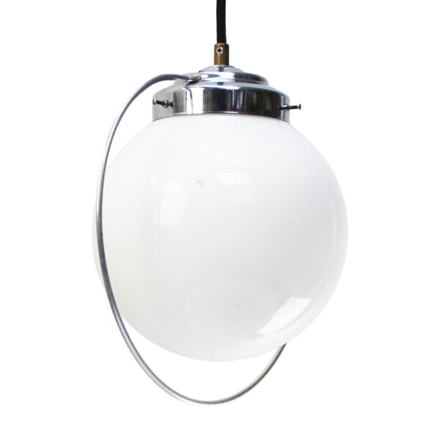 Silver French Nickel Plated Pendant Lamp with White Opaline Globe, 1950s For Sale - Image 8 of 8