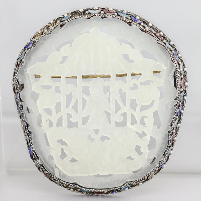 Vintage Chinese Silver, Carved Jade, and Enamel Brooch For Sale - Image 4 of 16