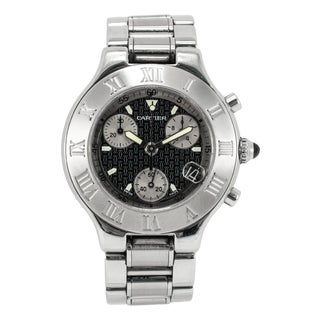 Cartier 21 Chronoscaph 38mm 2424 Black Silver Sub Roman Bezel Steel Quartz Watch For Sale