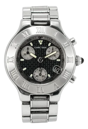 Cartier 21 Chronoscaph 38mm 2424 Black Silver Sub Roman Bezel Steel Quartz Watch