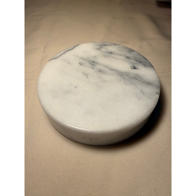 This substantial, vintage mid-century modern round catchall is hand-carved from a solid block of beautiful white marble,...