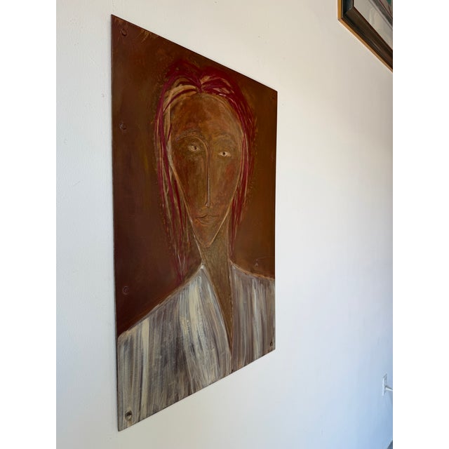Mid-Century Modern Vintage Mixed Media Metal Female Portrait Wall Art – Sculptural Painted Panel For Sale - Image 3 of 12