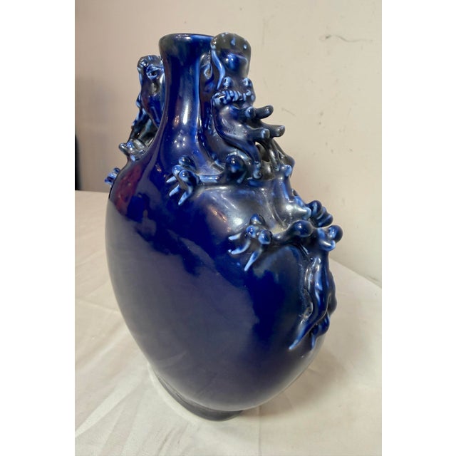 Ceramic Vintage Handmade Chinese Cobalt Blue Moon Dragon Porcelain Pottery Figural Vase For Sale - Image 7 of 10