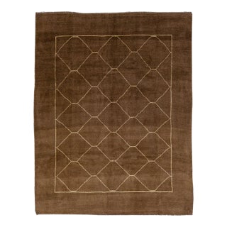 Modern Moroccan Style Brown Handmade Geometric Pattern Wool Rug For Sale