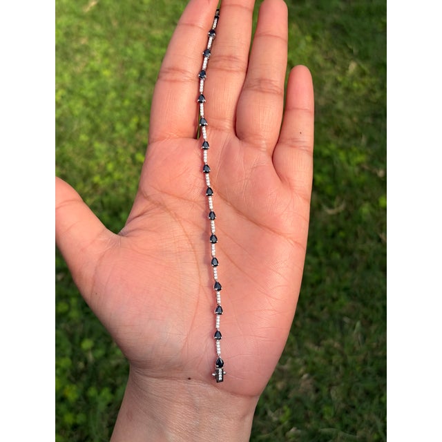 Art Deco 3.39 Ct Deep Blue Sapphire Station Tennis Bracelet With DIamonds in 14k Solid Gold For Sale - Image 3 of 14