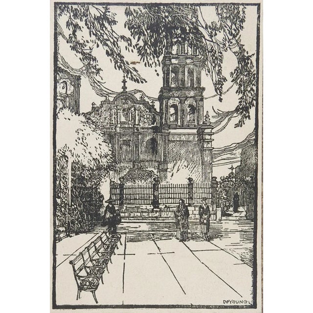 Vintage Harry Anthony DeYoung Cathedral Monterrey Mexico Block Print For Sale - Image 4 of 4