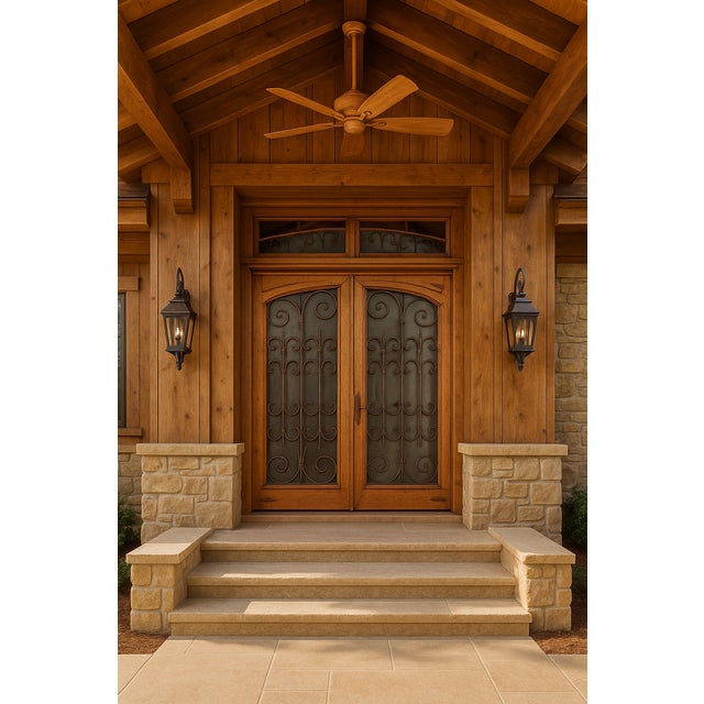 Puerta Tenampa (Model 2011-PAN-SUP) – Handcrafted custom solid wood exterior double door featuring an arched dual-panel...