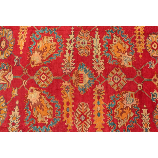 Traditional Design Antique Turkish Oushak Rug in Red, Blue and Marigold For Sale - Image 4 of 9