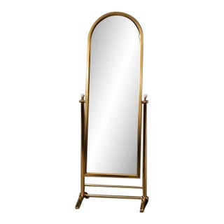 Vintage Hollywood Regency Brass-Tone Cheval Floor Mirror With Porcelain Knobs For Sale