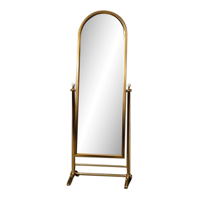 Vintage Hollywood Regency Brass-Tone Cheval Floor Mirror With Porcelain Knobs For Sale