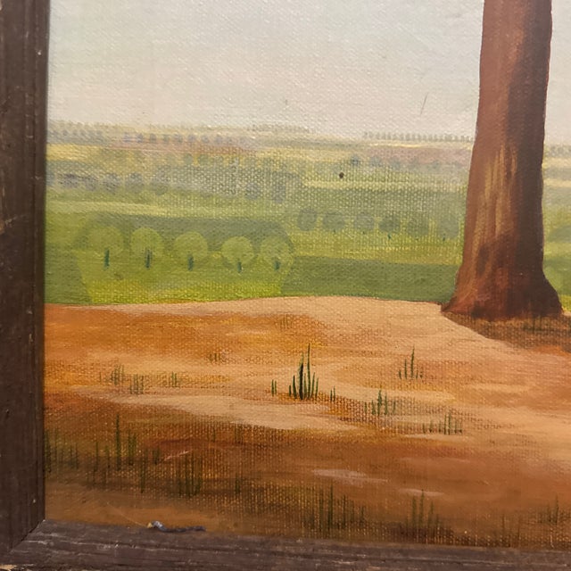 Boho Chic Folk Art Style Pink Flowering Tree in Spring Landscape, Oil on Board Unsigned For Sale - Image 3 of 6