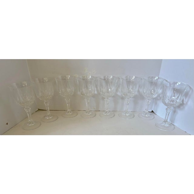 Glass Vintage Faceted Crystal Goblets, Hostess Set of 8, Geometric Cut Stemware, Elegant Wine Glasses, Hollywood Regency Barware For Sale - Image 7 of 9