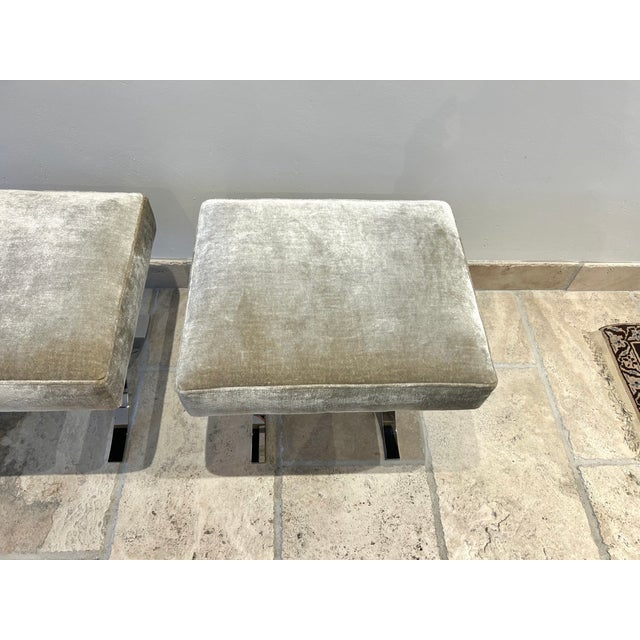 1970s Pair of Accent Stools, Ottomans in Chromed Steel & Velvet For Sale - Image 9 of 14