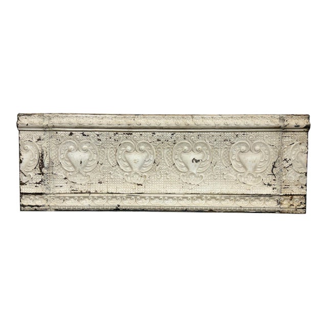 Distressed White Embossed Tin Architectural Wall Panel, Vintage For Sale