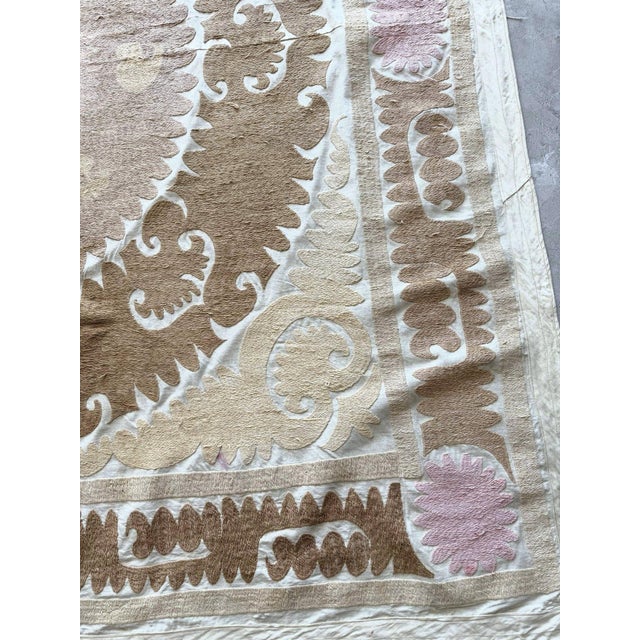 Hand-Embroidered Neutral Tan Suzani Wall Hanging Decor 5'2'' X 5'4'' For Sale - Image 4 of 9