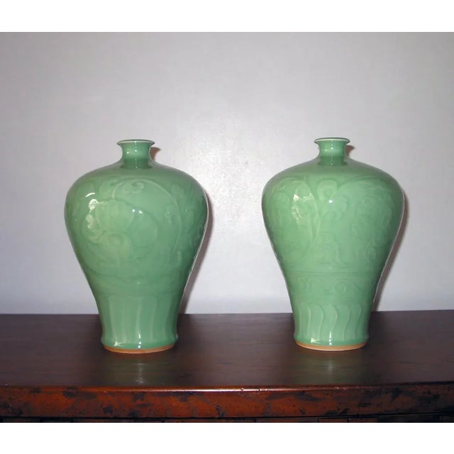 2000 - 2009 Asian Modern Hongmei Celadon Porcelain Vase For Sale - Image 5 of 6