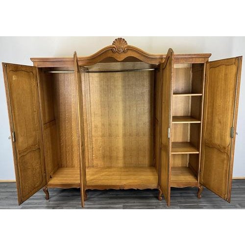 Vintage French Louis XVI Style Carved Oak 4-Door Armoire For Sale - Image 4 of 9