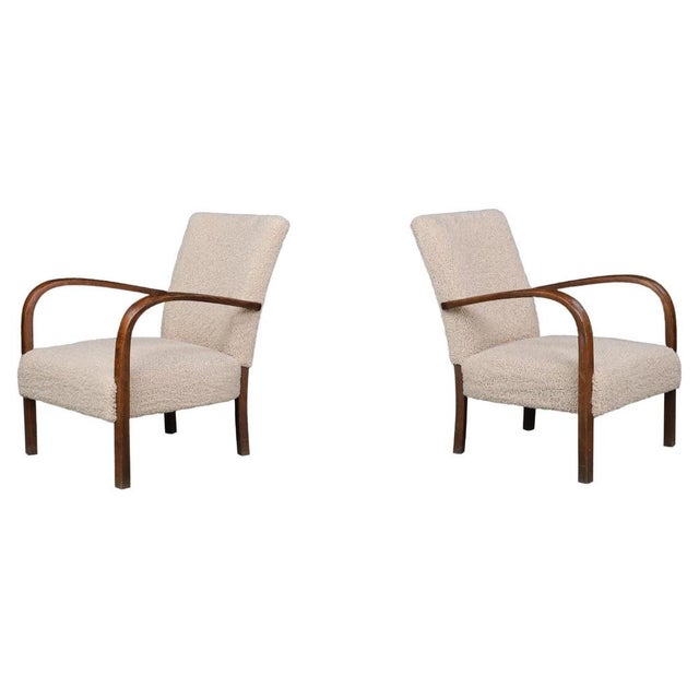 Art Deco Armchairs in Walnut and Teddy Upholstery, Czech Republic, 1930s, Set of 2 For Sale - Image 9 of 9