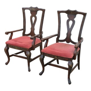 Mid-20th Century Vintage Lane Rustic Floral Paint Decorated Walnut Arm Chairs, a Pair For Sale
