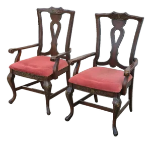Mid-20th Century Vintage Lane Rustic Floral Paint Decorated Walnut Arm Chairs, a Pair