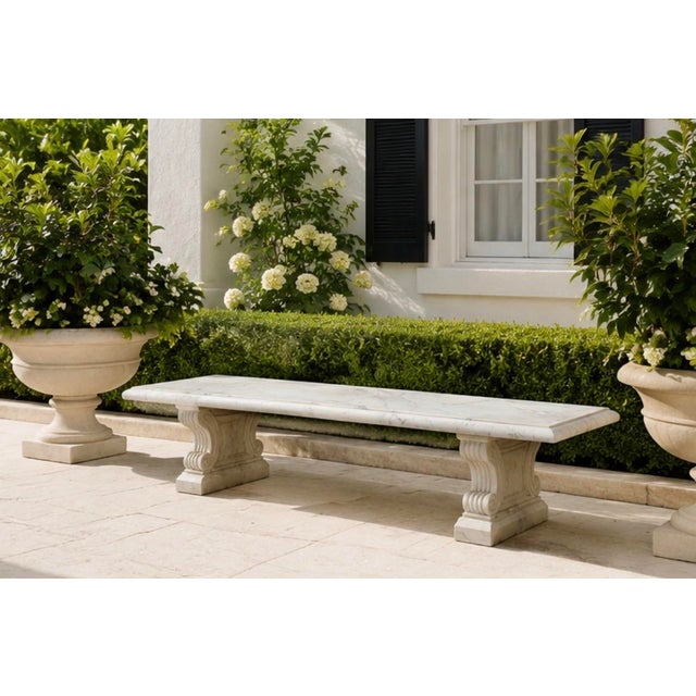 Italian Neoclassical Carved White Marble Bench With Scroll Pedestal Legs For Sale - Image 9 of 11