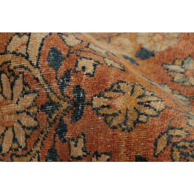 Orange Antique Kerman Lavar Orange-Brown and Blue Wool Persian Floral Rug For Sale - Image 8 of 9