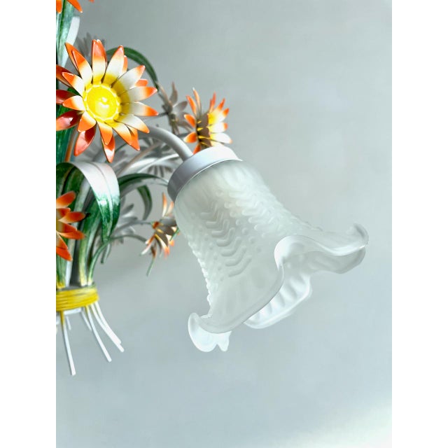 Vintage European Floral Tole Chandelier with Frosted Glass Tulip Shades, 1970s For Sale - Image 11 of 13