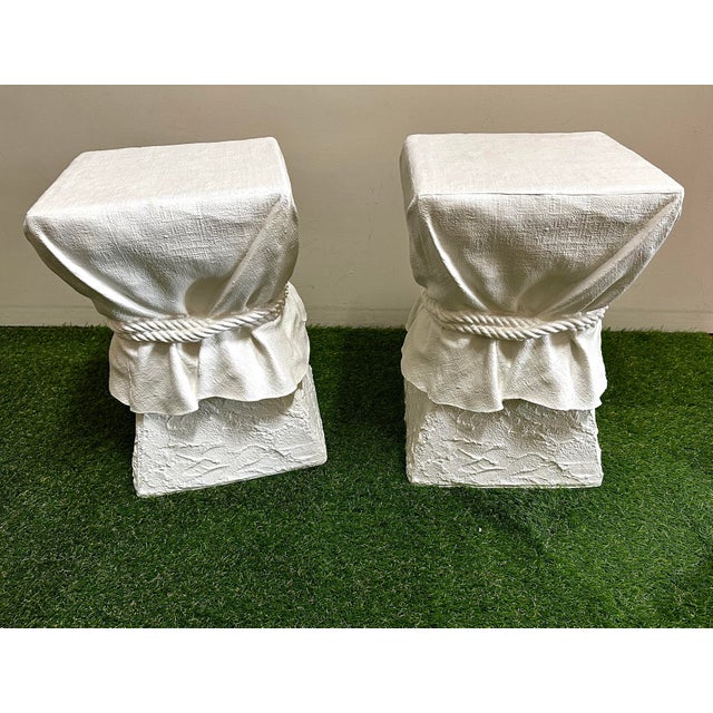 1980s Lane Trompe-Loeil White Draped Plaster Pedestal or Garden Stools After John Dickinson- Set of 2 For Sale - Image 6 of 10